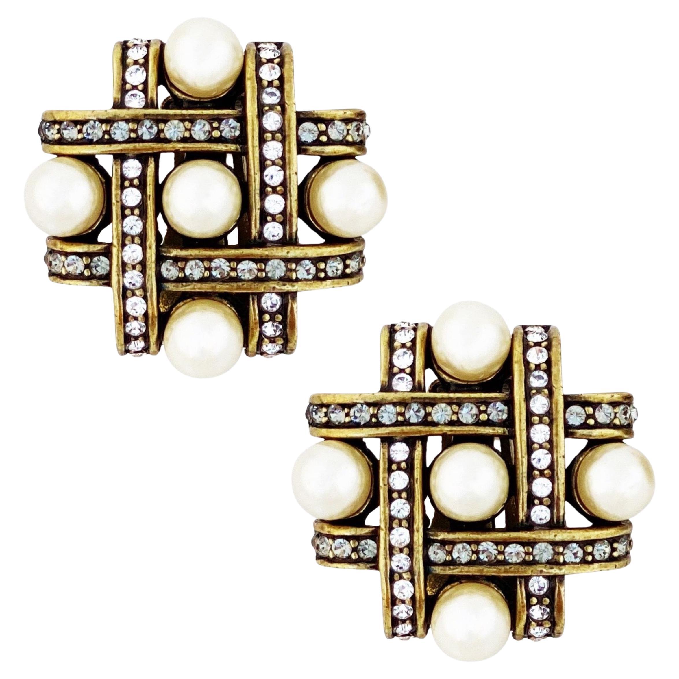 Tic Tac Toe Statement Earrings With Pearl and Swarovski Crystal By Heidi Daus
