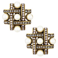 Tic Tac Toe Statement Earrings With Pearl and Swarovski Crystal By Heidi Daus
