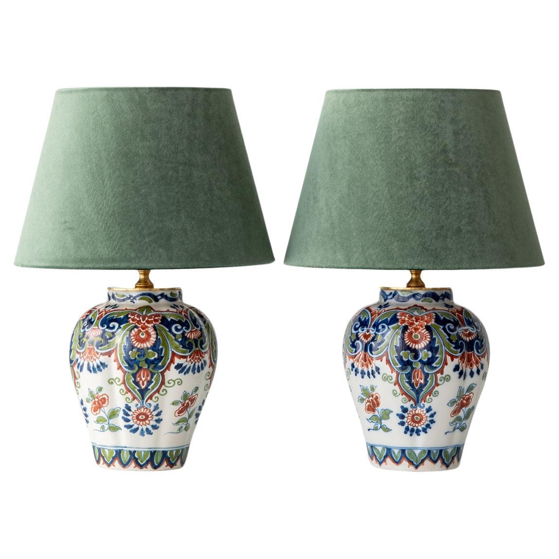 Tichelaar Makkum Delft Chinoiserie Lamps (1940-60) New Green Velvet Lampshades