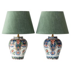 Tichelaar Makkum Delft Chinoiserie Lamps (1940-60) New Green Velvet Lampshades
