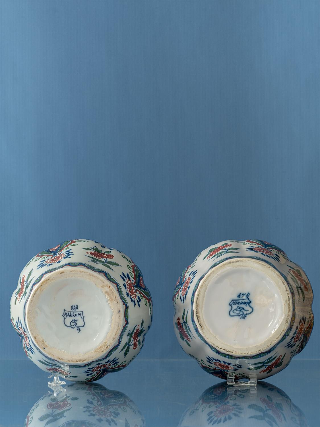 Tichelaar Makkum Delft Chinoiserie Lamps (1940-60) with New Green Velvet Shades 3