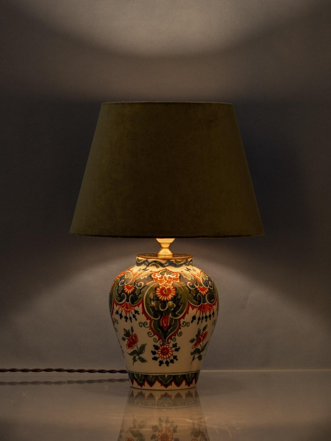 Tichelaar Makkum Delft Chinoiserie Lamps (1940-60) with New Green Velvet Shades 4