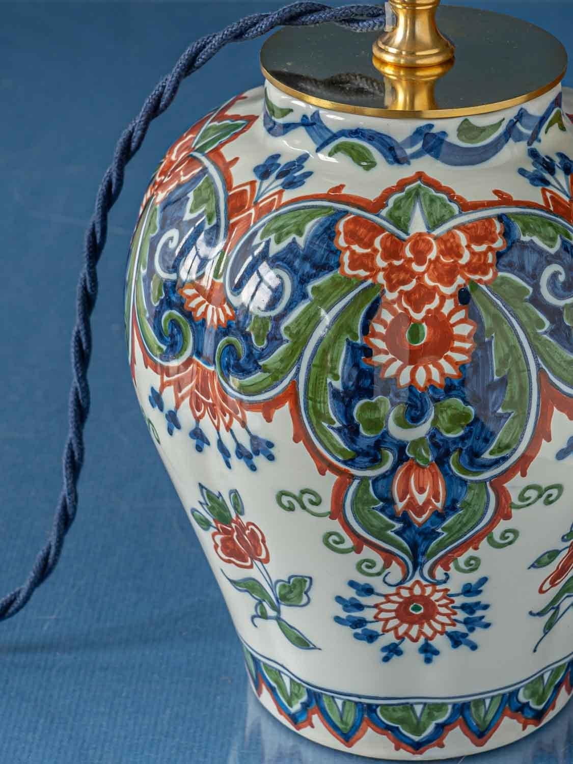 Dutch Tichelaar Makkum Delft Chinoiserie Lamps (1940-60) with New Green Velvet Shades