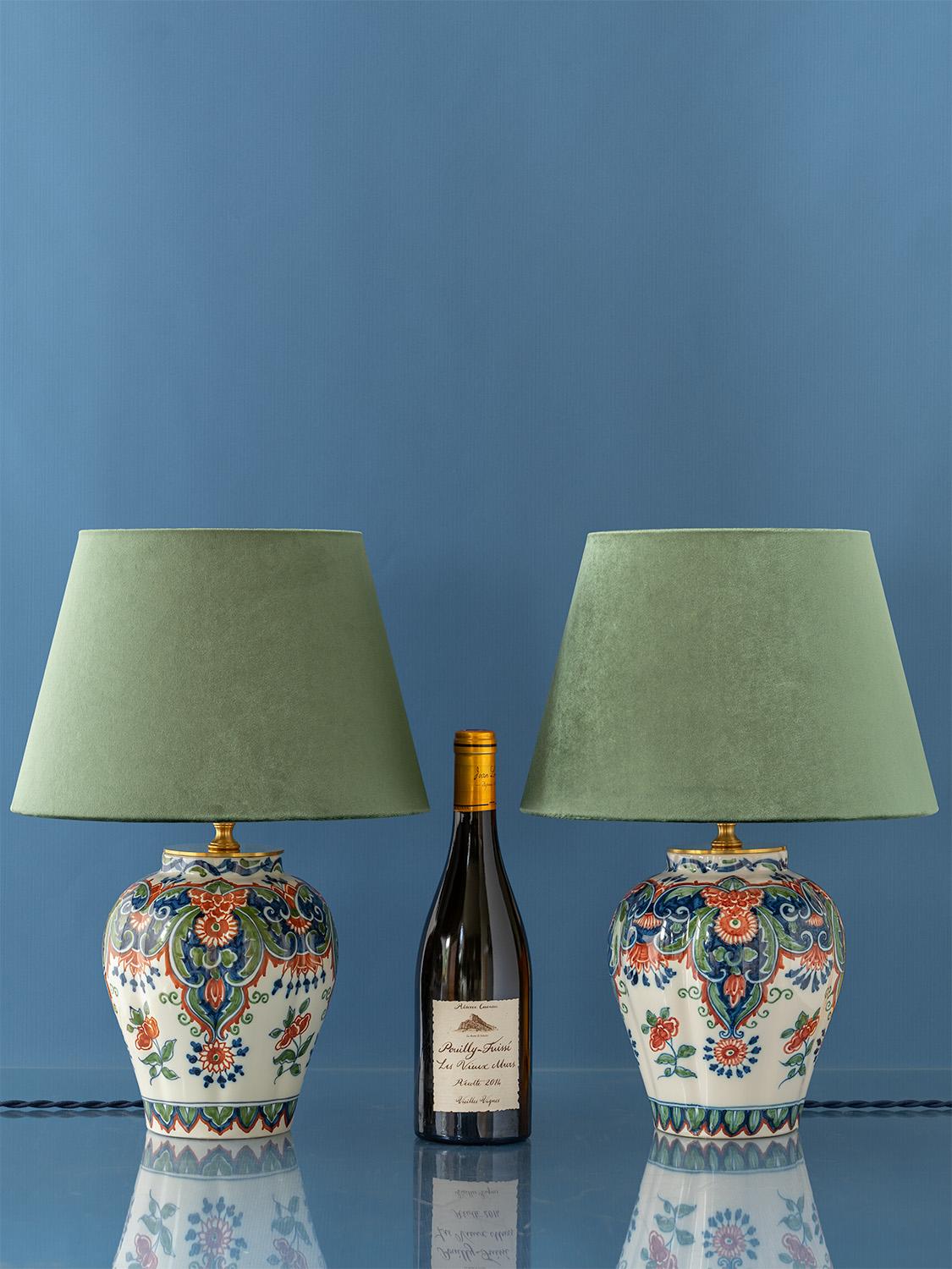 Hand-Crafted Tichelaar Makkum Delft Chinoiserie Lamps (1940-60) with New Green Velvet Shades