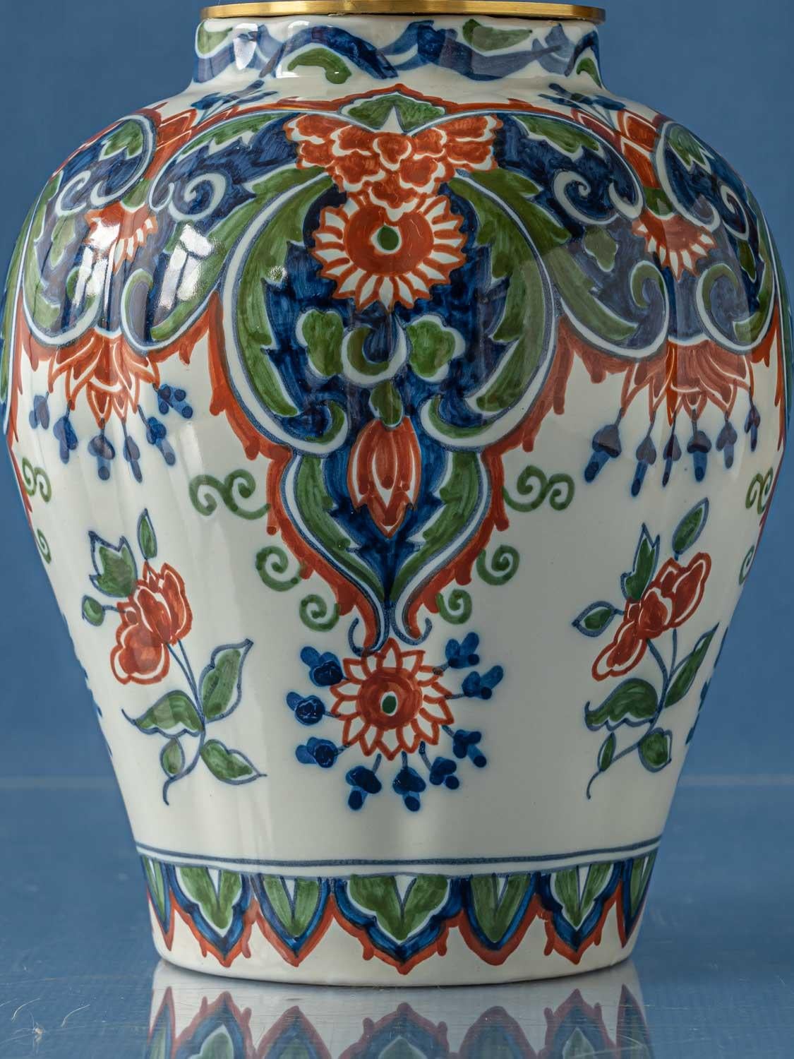 Brass Tichelaar Makkum Delft Chinoiserie Lamps (1940-60) with New Green Velvet Shades