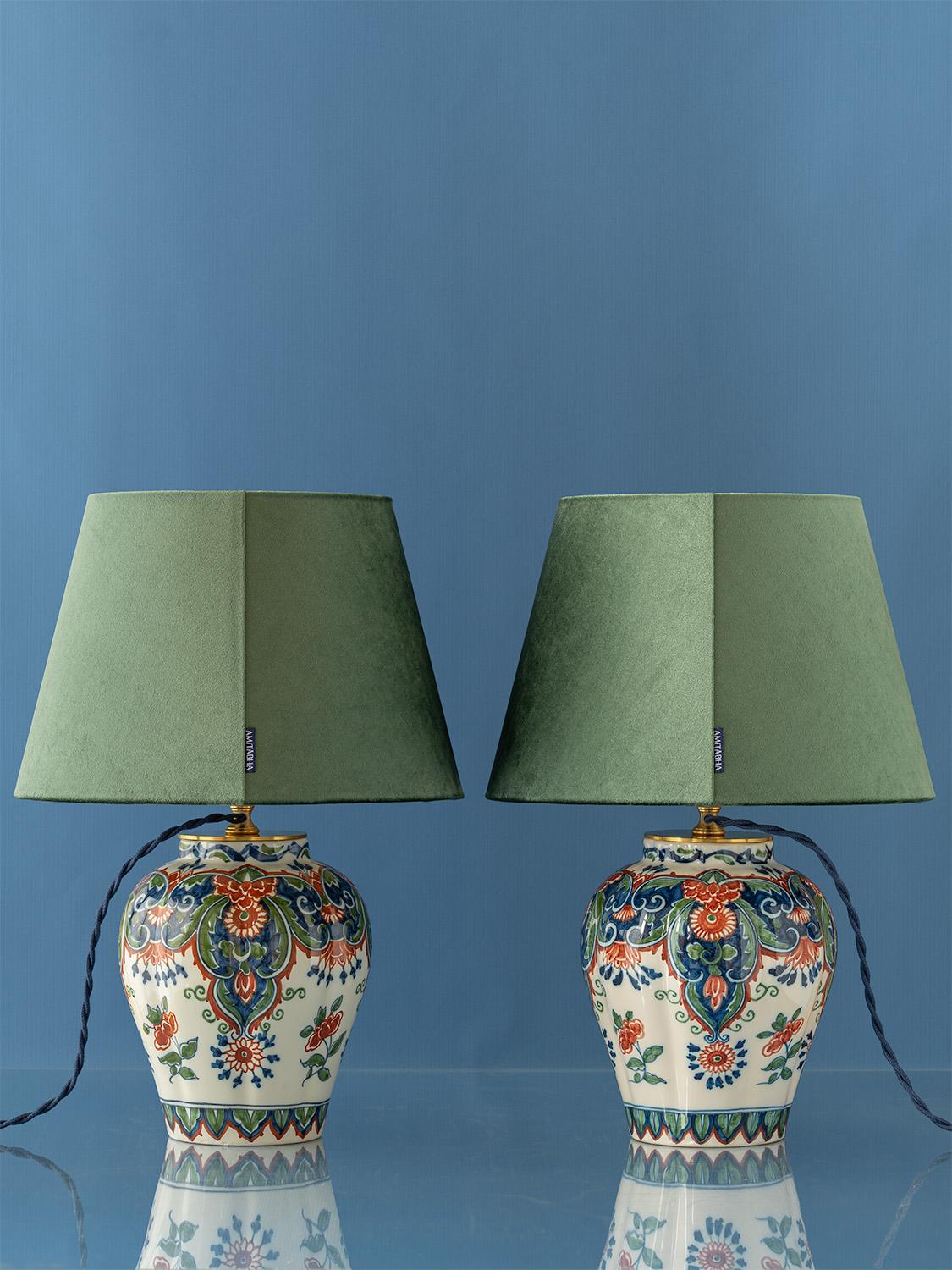 Tichelaar Makkum Delft Chinoiserie Lamps (1940-60) with New Green Velvet Shades 1