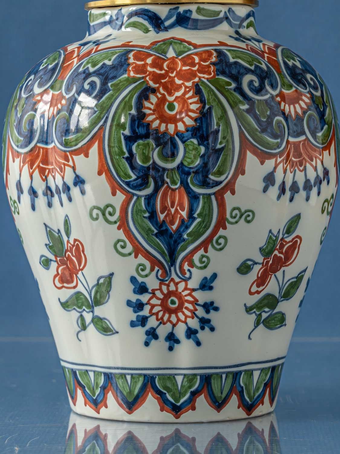 Tichelaar Makkum Delft Chinoiserie Lamps (1940-60) with New Green Velvet Shades 2