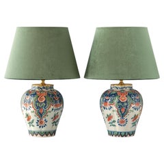 Tichelaar Makkum Delft Chinoiserie-Lampen (1940-60) mit neuen grünen Samtschirmen