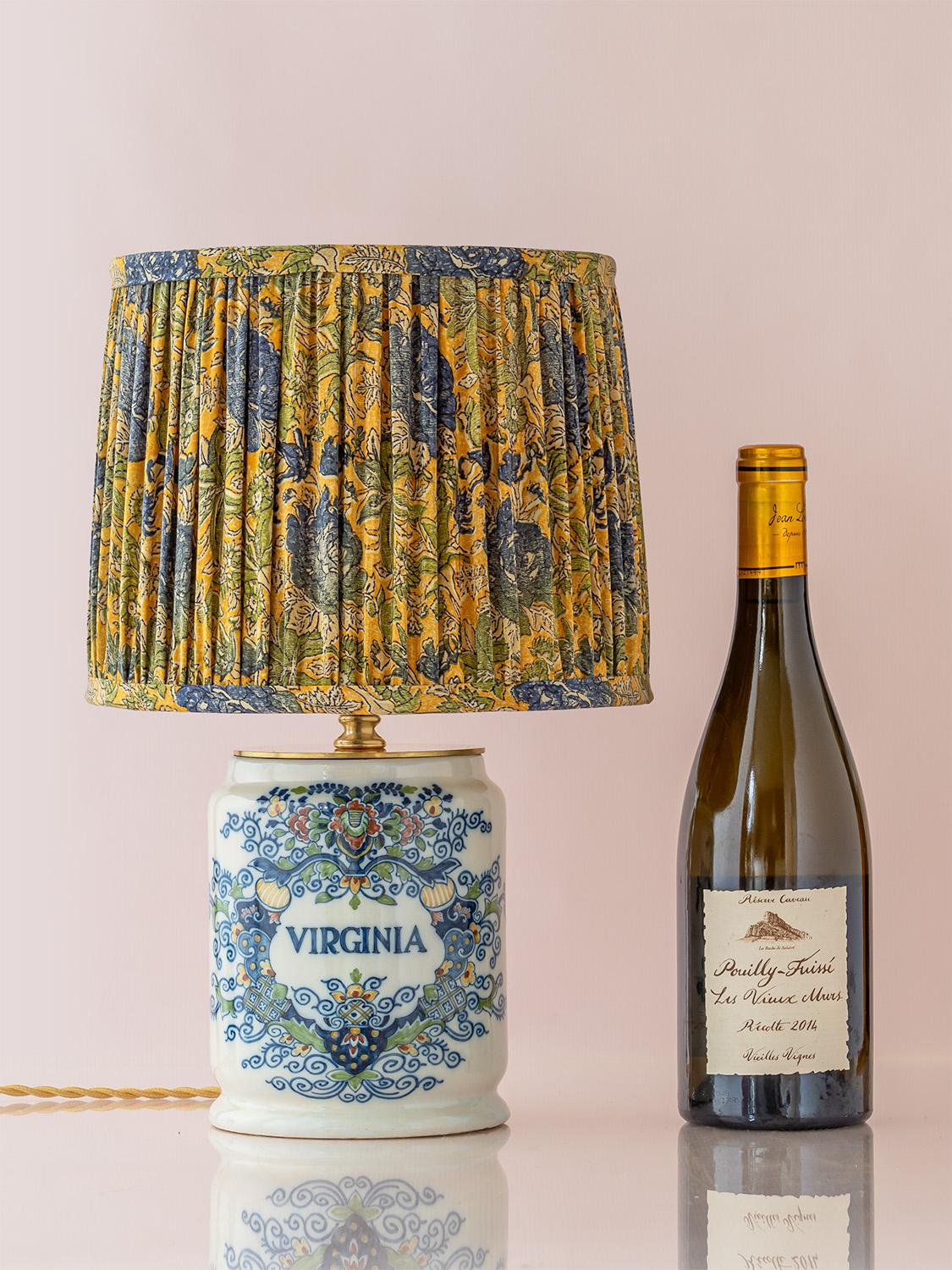 Dutch Tichelaar Makkum Delft Tobacco Jar Table Lamp, New Pleated Silk Shade, 1948-1979 For Sale