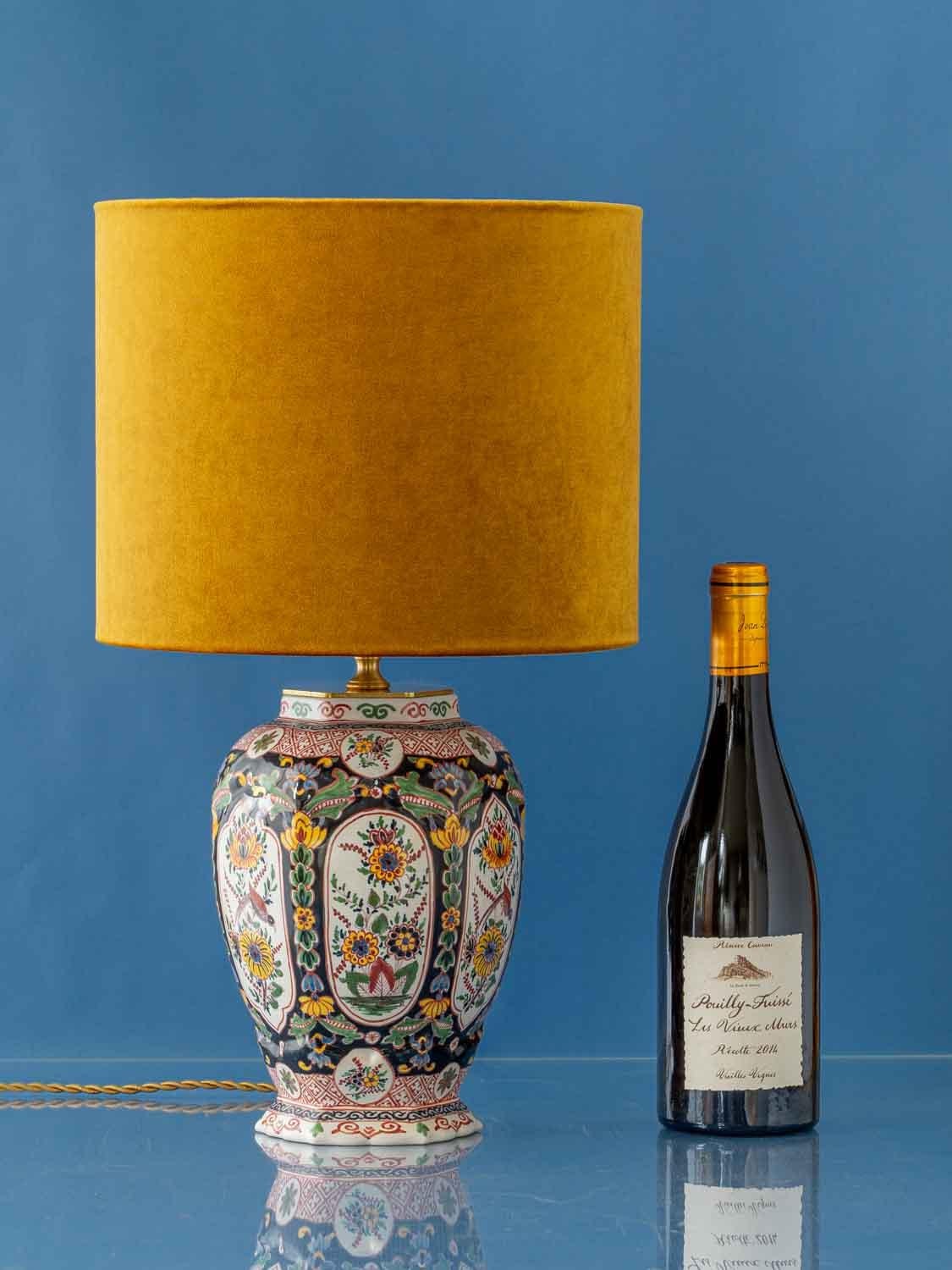 Hand-Painted Tichelaar Makkum Hexagonal Delft Chinoiserie Lamp, New Velvet Shade (1948-1979)