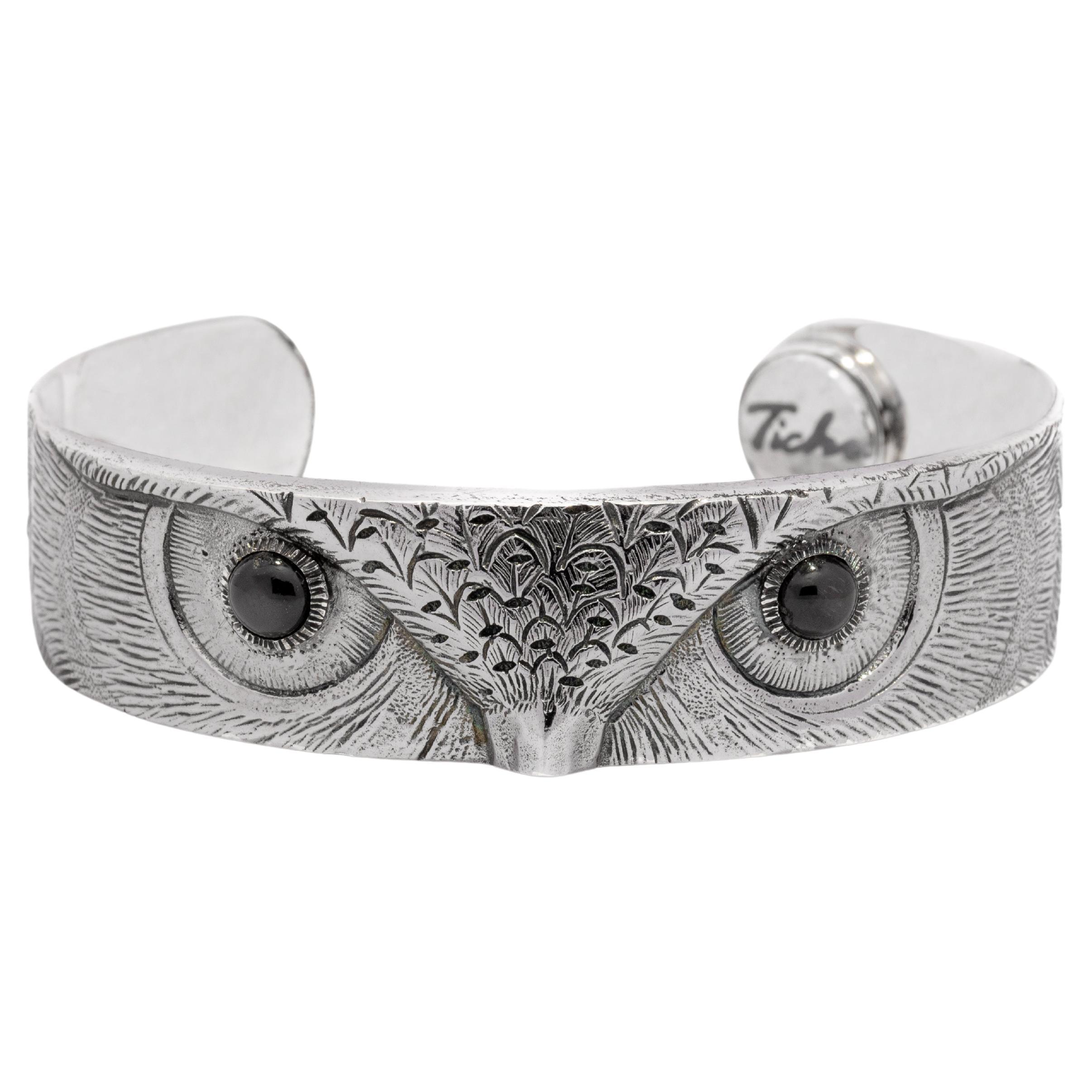 Tichu Black Star Owl Eye Cuff in Sterling Silver and Crystal Quartz 'Size L' For Sale
