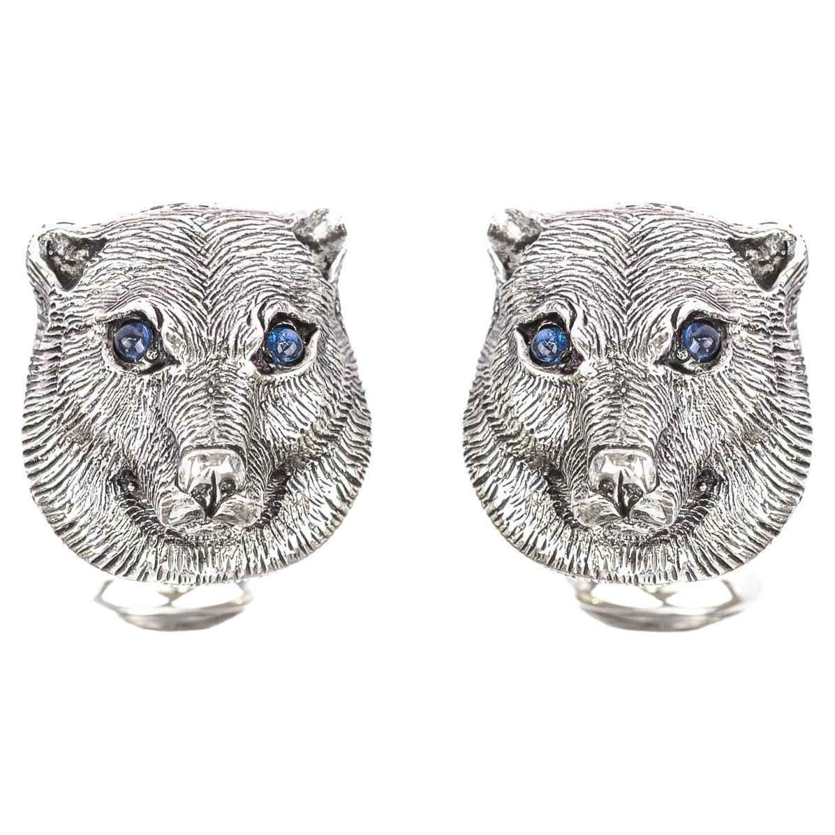 Boutons de manchette Tichu visage d'ours en argent sterling, saphir bleu et cristal en vente