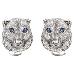 Tichu Blue Sapphire and Crystal Bear Face Cufflink in Sterling Silver