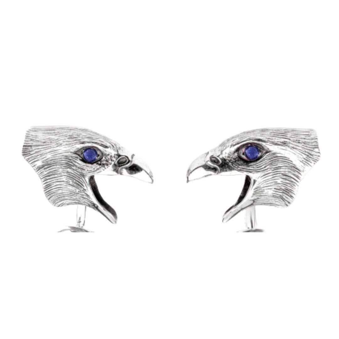 Boutons de manchette Tichu visage d' Hawk en argent sterling, saphir bleu et quartz de cristal en vente