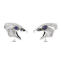 Boutons de manchette Tichu visage d' Hawk en argent sterling, saphir bleu et quartz de cristal