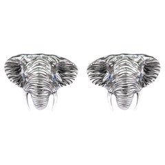 Tichu Blue Sapphire & Crystal African Elephant Face Cufflink in Sterling Silver