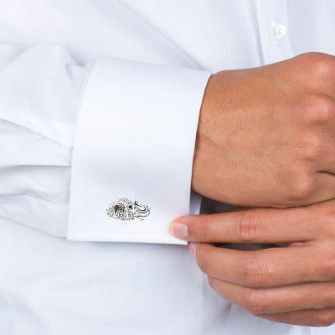Artisan Tichu Blue Sapphire & Crystal Quartz Tusked Elephant Cufflink in Sterling Silver For Sale