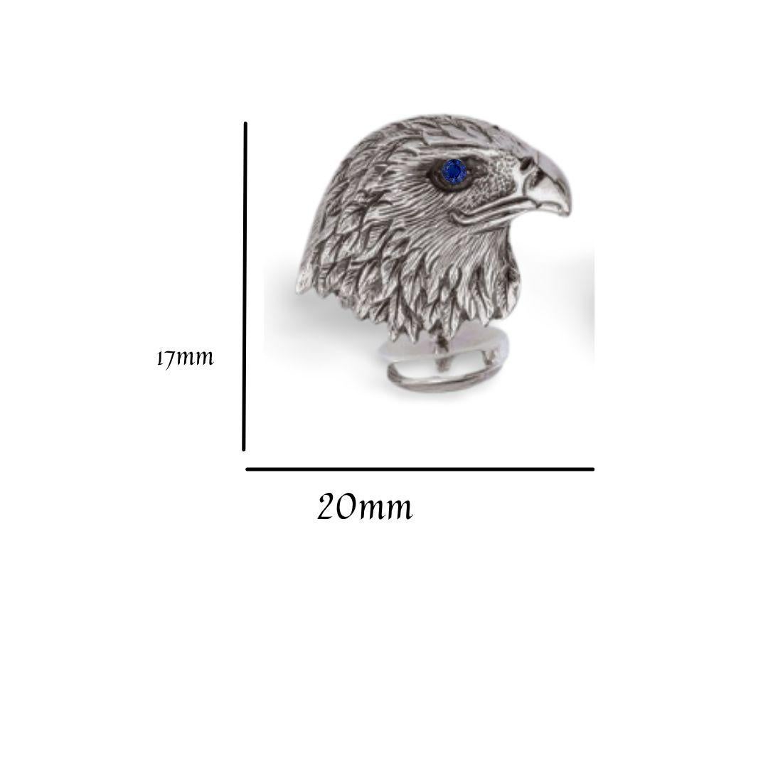Round Cut Tichu Blue Sapphire Eagle Face Cufflink in Sterling Silver For Sale
