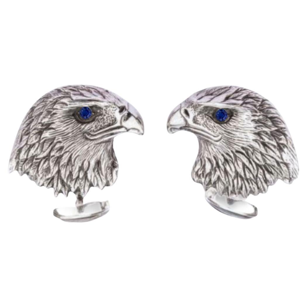 Tichu Blue Sapphire Eagle Face Cufflink in Sterling Silver For Sale