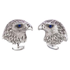 Tichu Blauer Saphir Adler Gesicht Manschettenknopf aus Sterling Silber