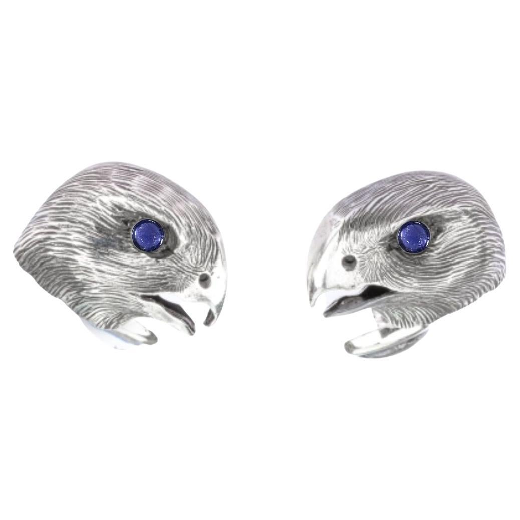 Tichu Blue Sapphire Falcon Face Cufflink in Sterling Silver For Sale