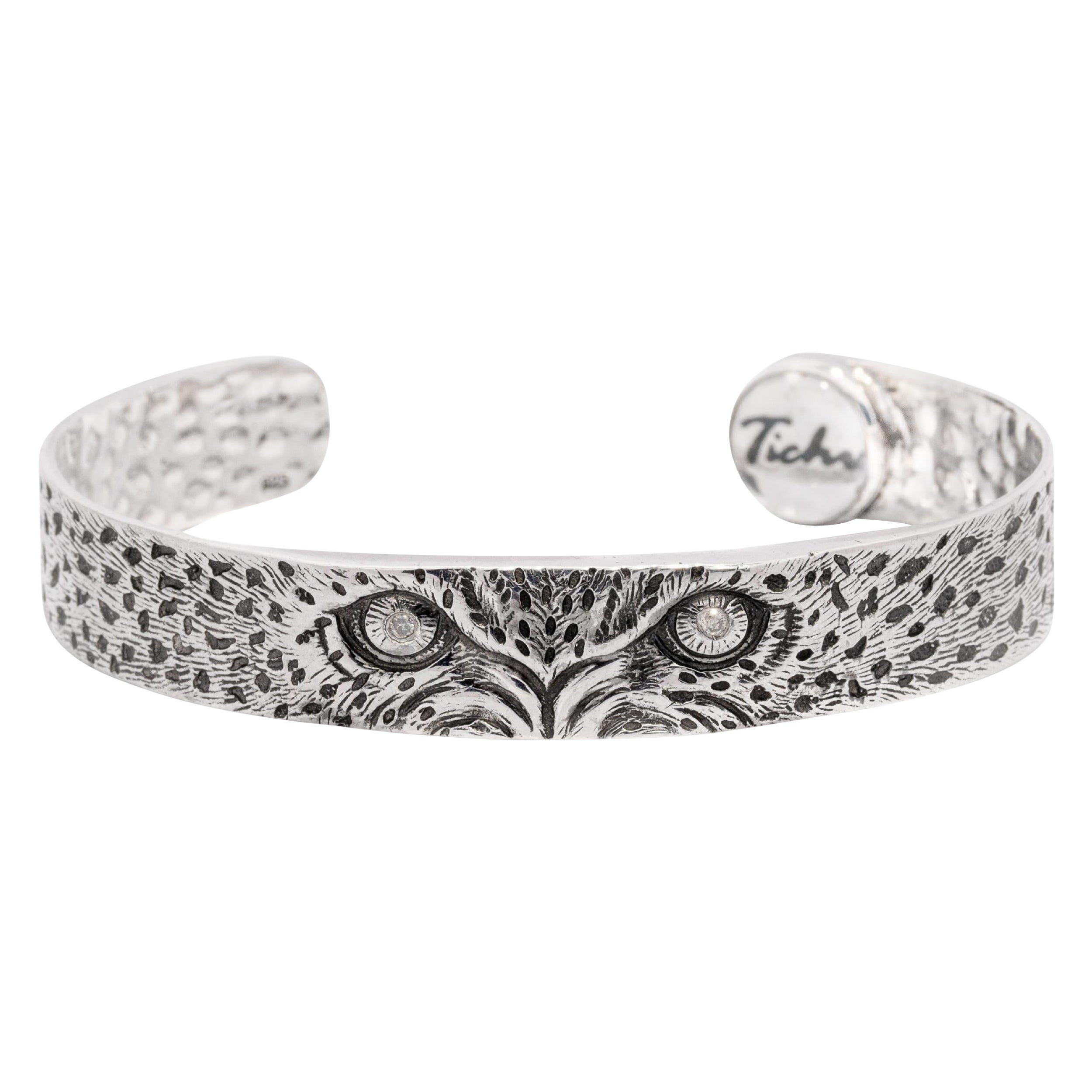 Tichu Brown Diamond Cheetah Eye Cuff Sterling Silver and Crystal Quartz Size S For Sale