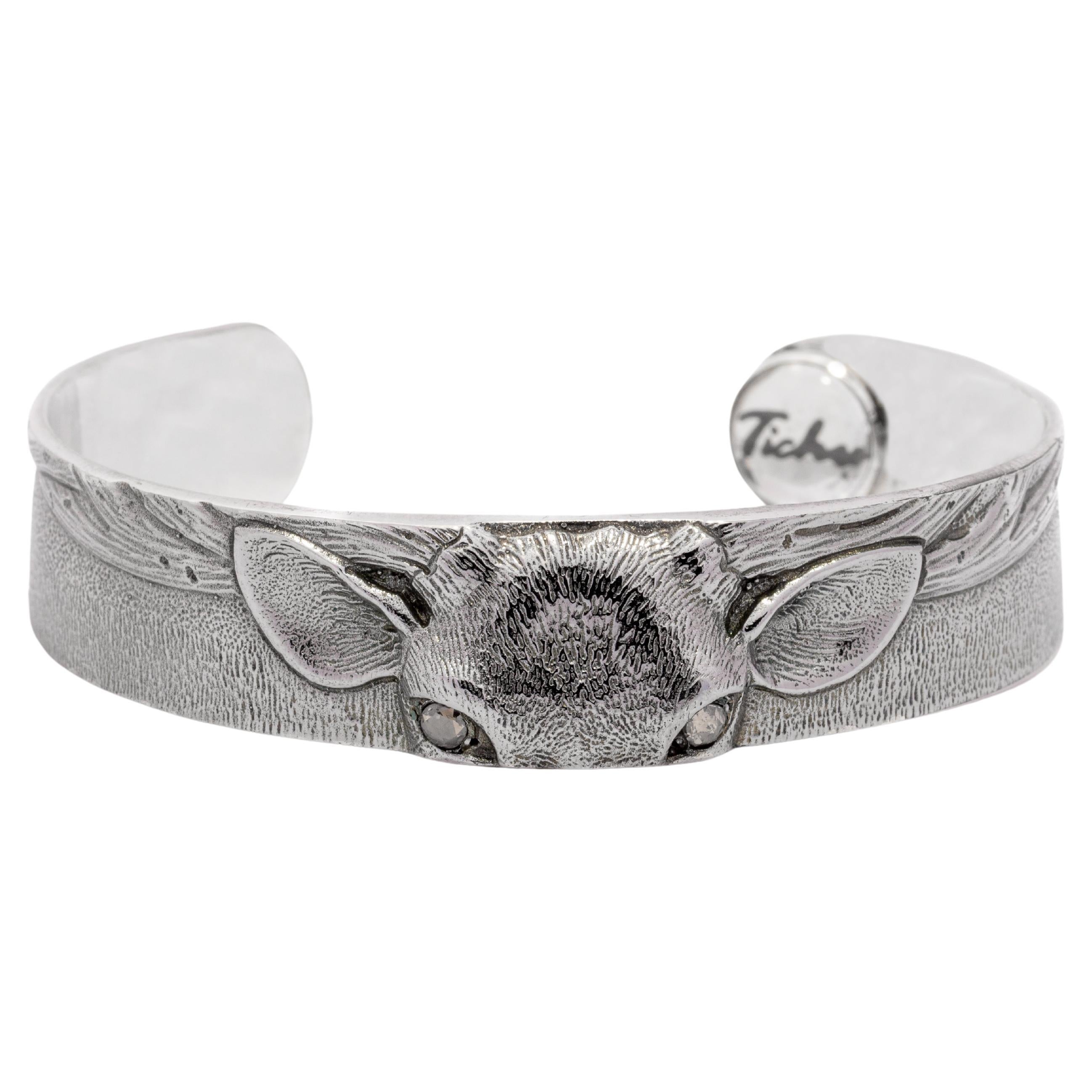 Tichu Brown Diamond Stag Eyes Cuff in Sterling Silver & Crystal Quartz 'Size M' For Sale