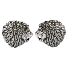 Tichu Diamond and Brown Diamond Lion Face Cufflink in Sterling Silver