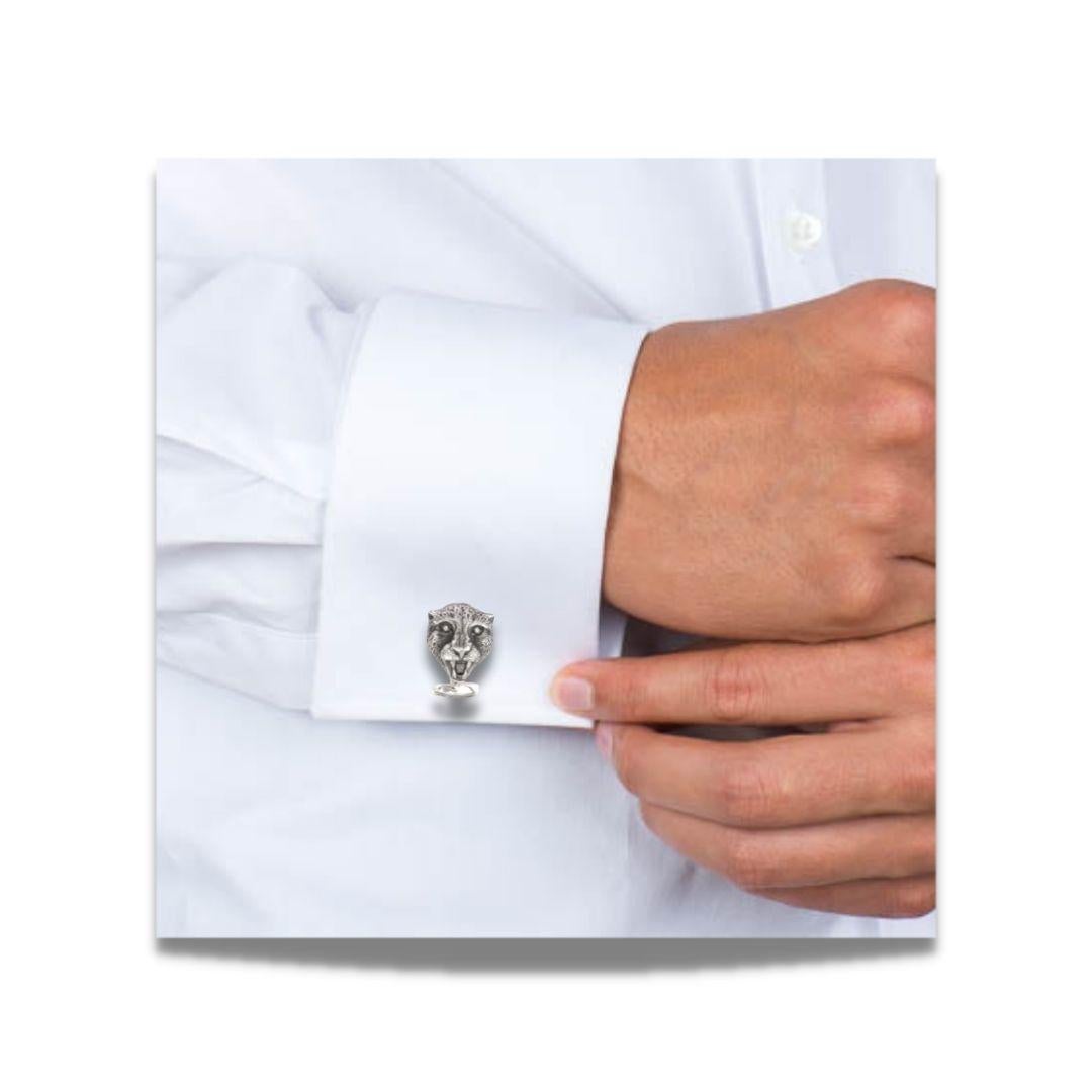 Artisan Tichu Diamond and Crystal Quartz Cheetah Face Cufflink in Sterling Silver For Sale