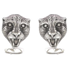 Tichu Diamond and Crystal Quartz Cheetah Face Cufflink in Sterling Silver