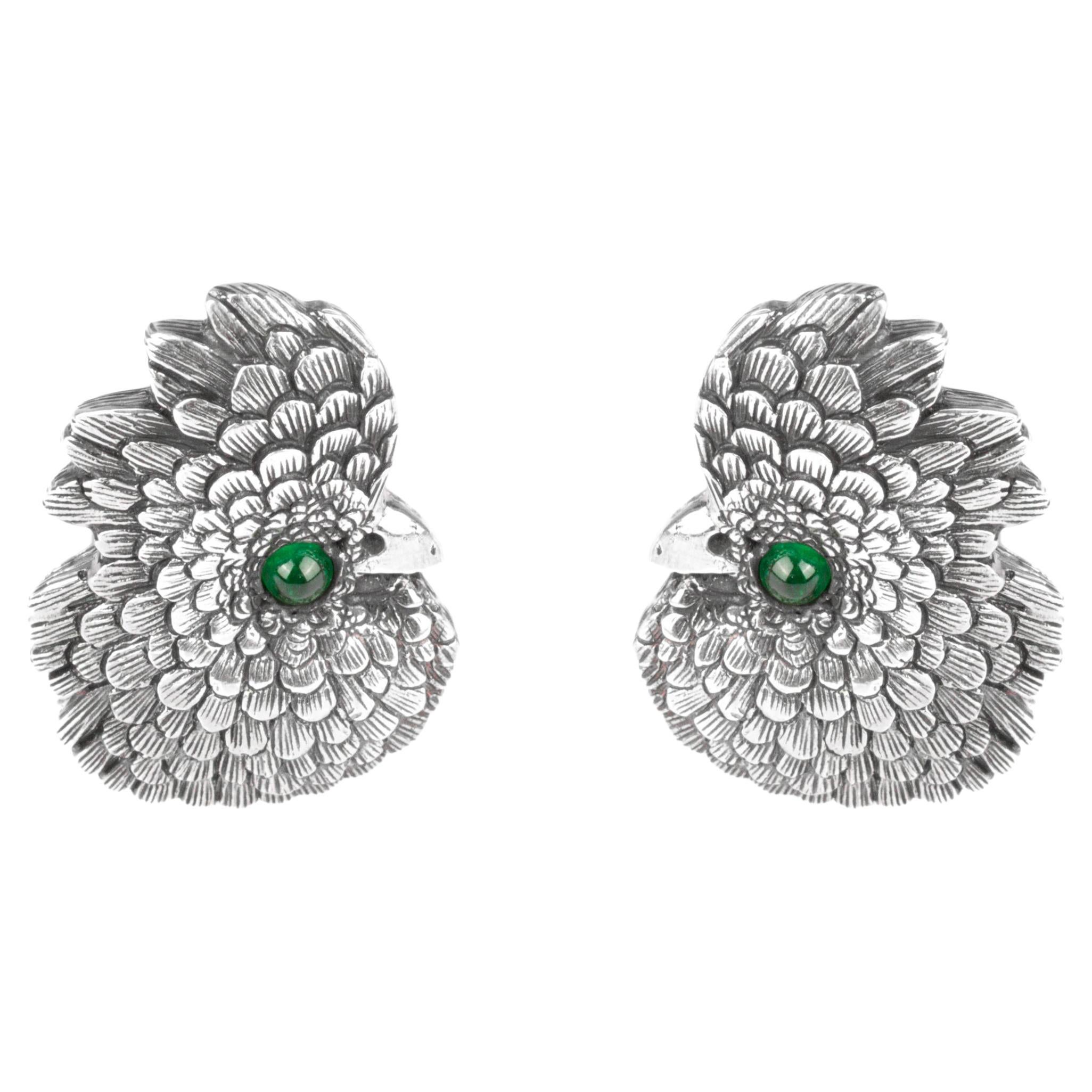 Tichu Smaragd und Kristallquarz Kakadu Gesicht Manschettenknopf in Sterling Silber im Angebot