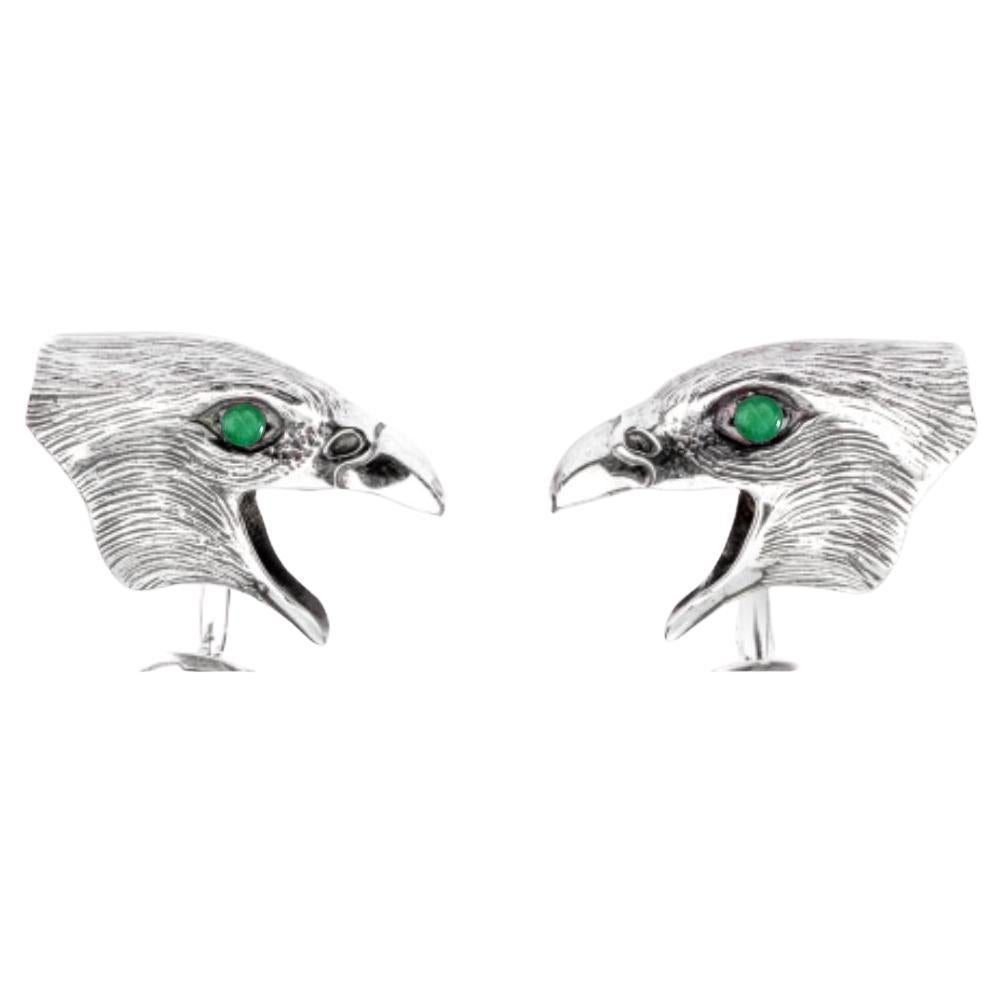Tichu Emerald and Crystal Quartz Hawk Face Cufflink in Sterling Silver For Sale
