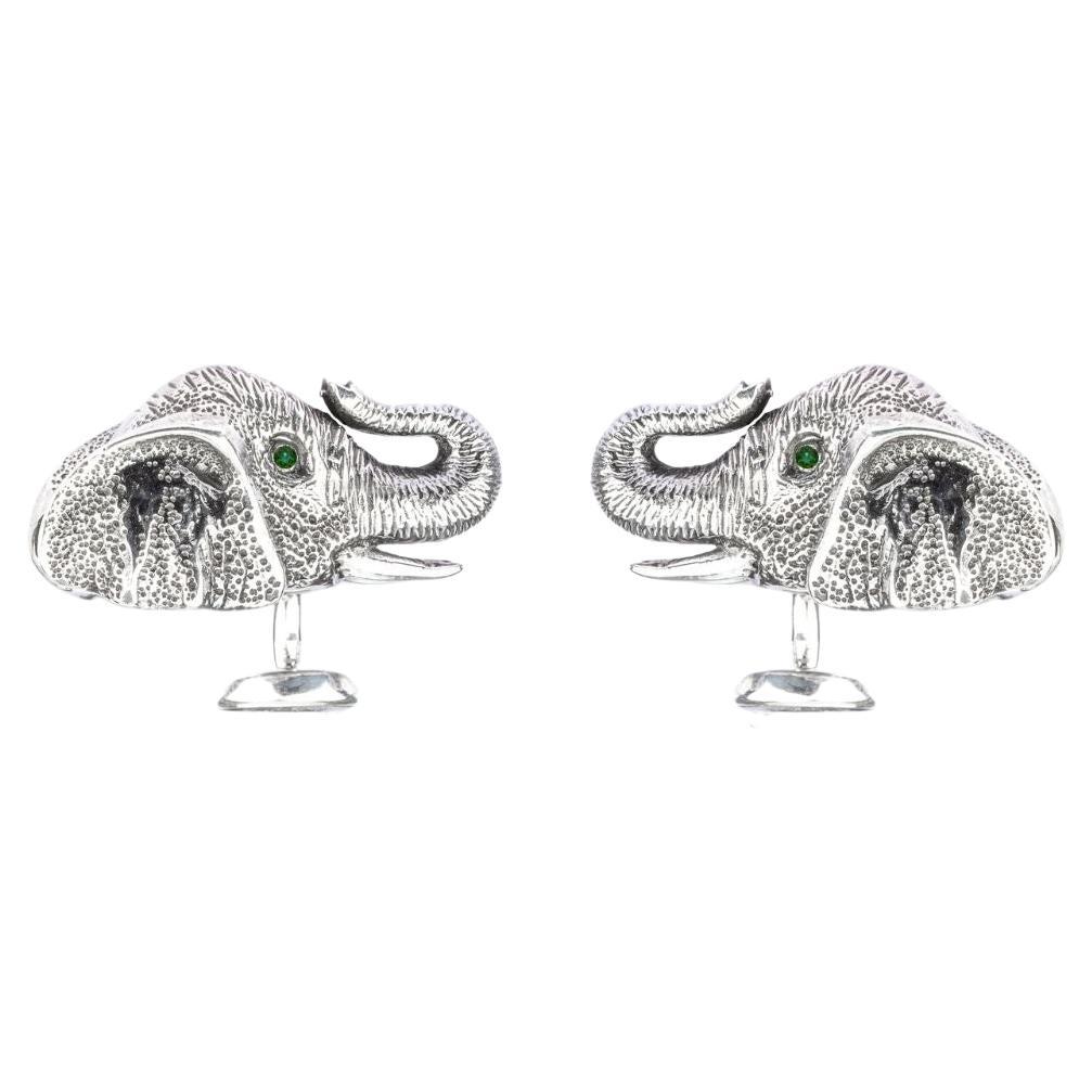 Tichu Emerald and Crystal Quartz Tusked Elephant Cufflink in Sterling Silver