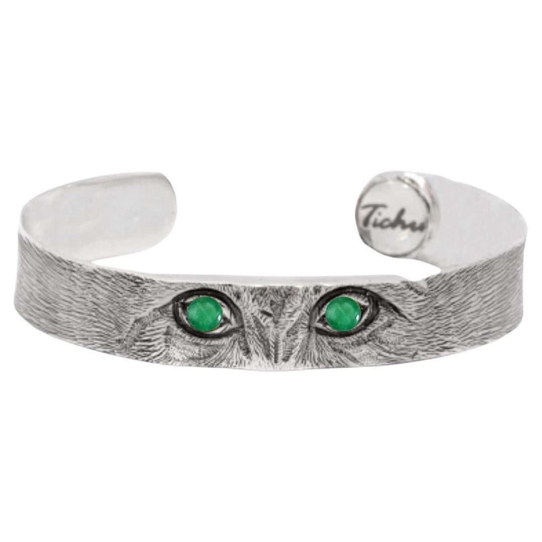 Manchette Tichu yeux de chat émeraude en argent sterling et quartz de cristal, taille M en vente