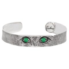 Tichu Emerald Cat Eyes Cuff in Sterling Silver and Crystal Quartz 'Size M'