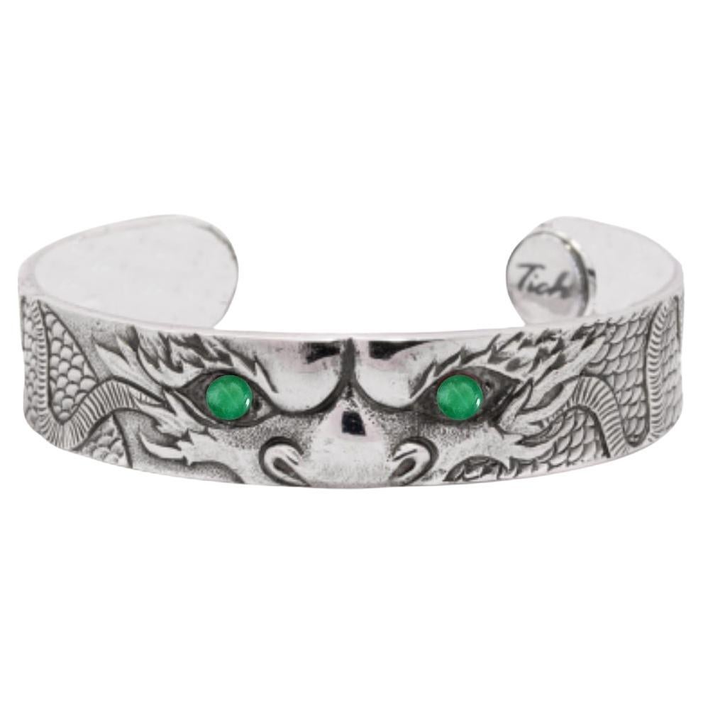 Tichu Emerald Dragon Eye Cuff Sterling Silver and Crystal Quartz Size S For Sale