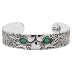 Used Tichu Emerald Dragon Eye Cuff Sterling Silver and Crystal Quartz Size S