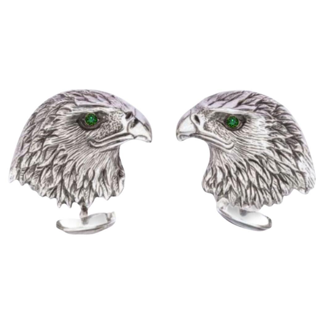 Tichu Emerald Eagle Face Cufflink in Sterling Silver For Sale