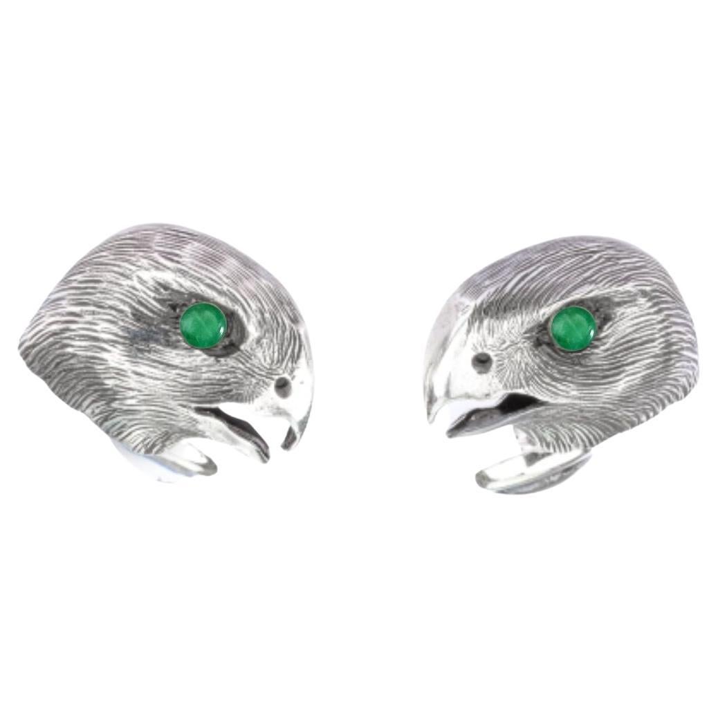 Tichu Emerald Falcon Face Cufflink in Sterling Silver For Sale