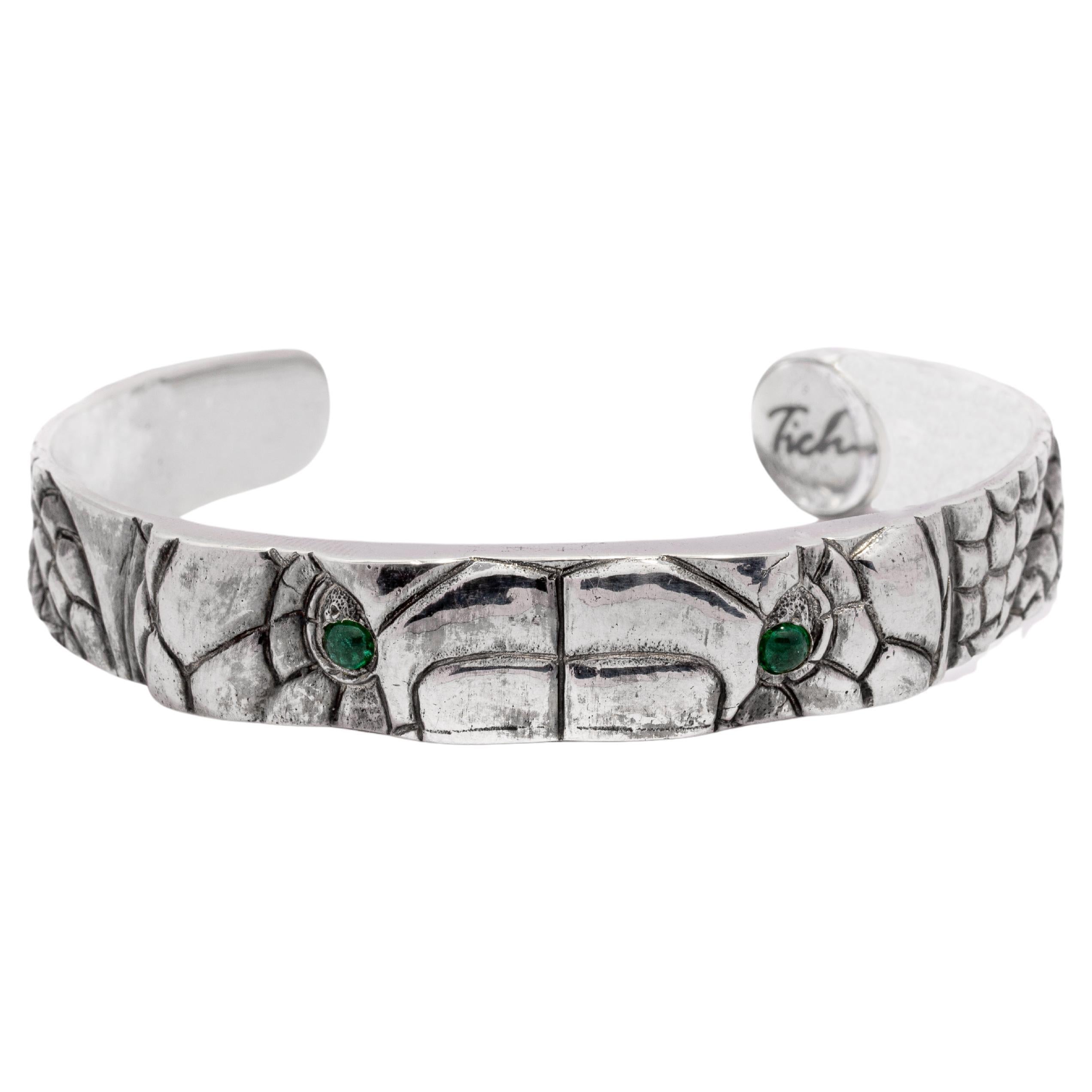 Tichu Emerald Snake Eye Cuff Sterling Silver and Crystal Quartz Size M For Sale