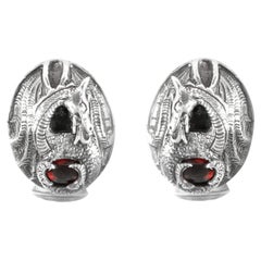 Tichu Garnet and Crystal Quartz Dragon Face Cufflink in Sterling Silver
