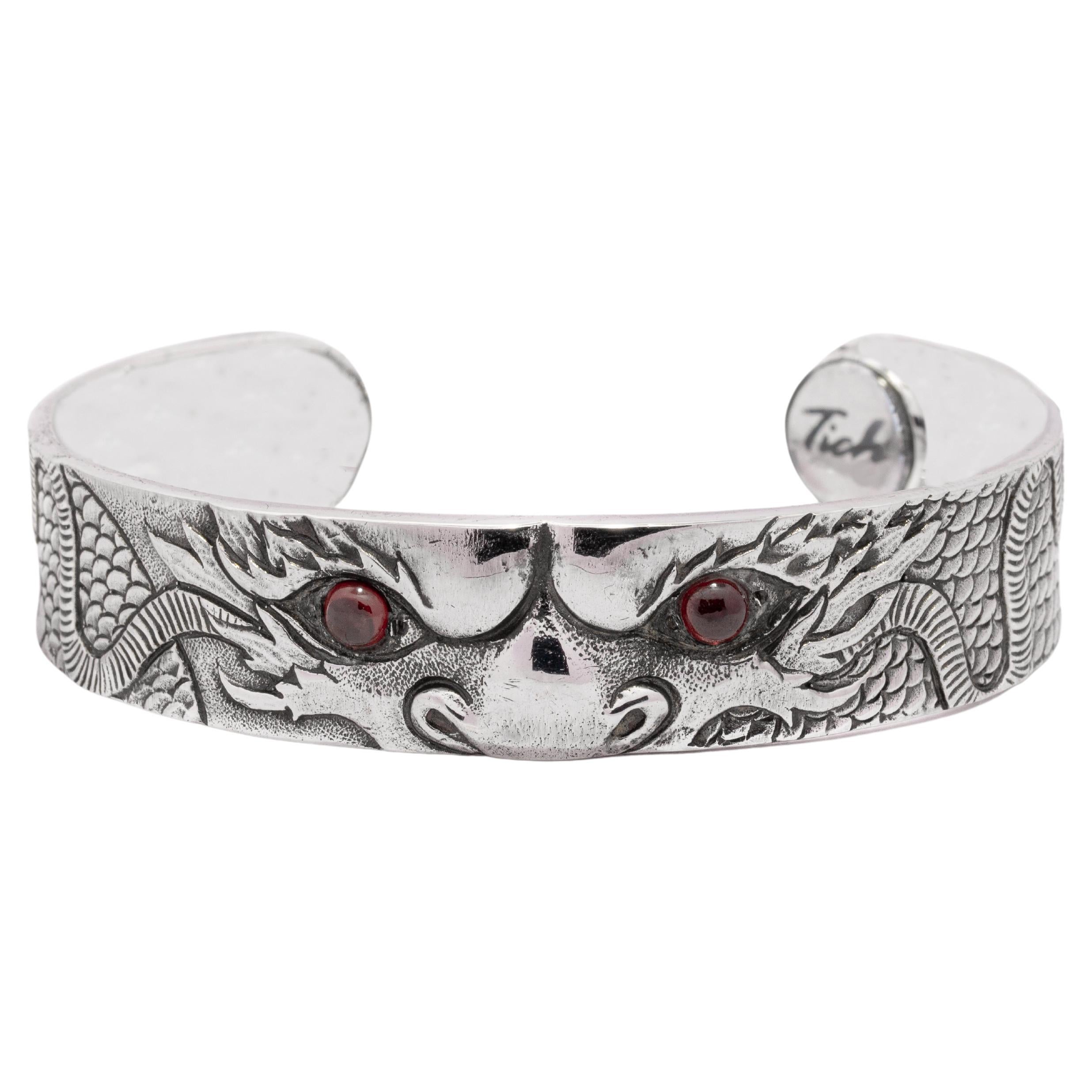 Tichu Garnet Dragon Eye Cuff Sterling Silver and Crystal Quartz Size M For Sale