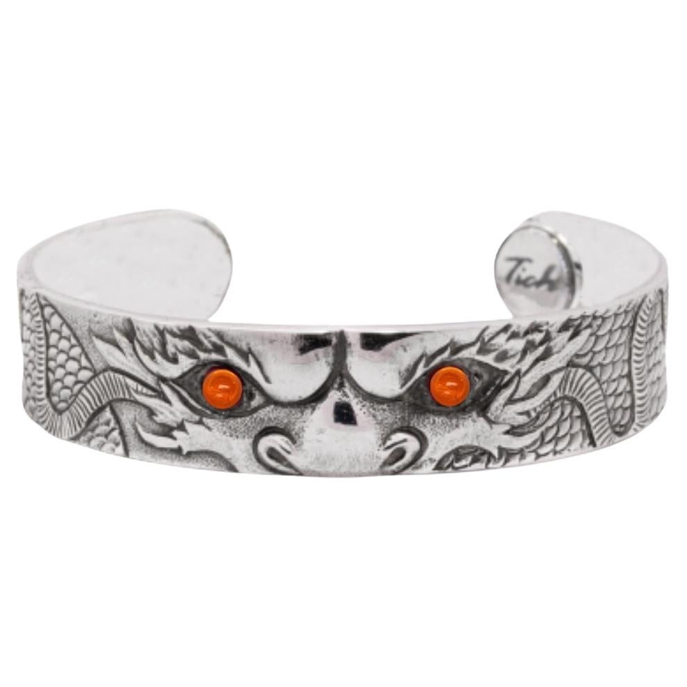 Tichu Mandarin Garnet Dragon Eye Cuff Sterling Silver and Crystal Quartz Size M For Sale