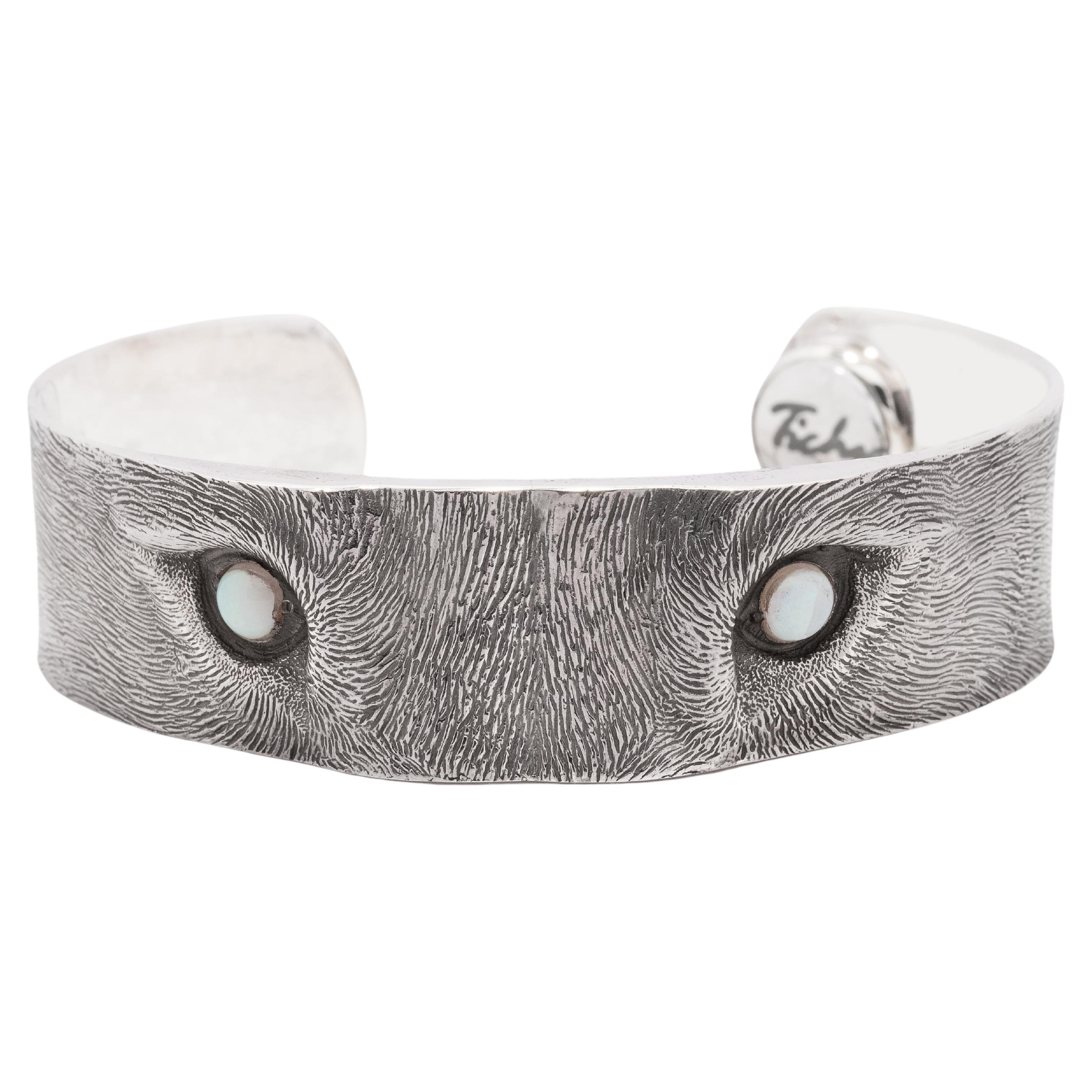 Tichu Opal Wolf Eye Cuff Sterling Silver and Crystal Quartz Size L For Sale