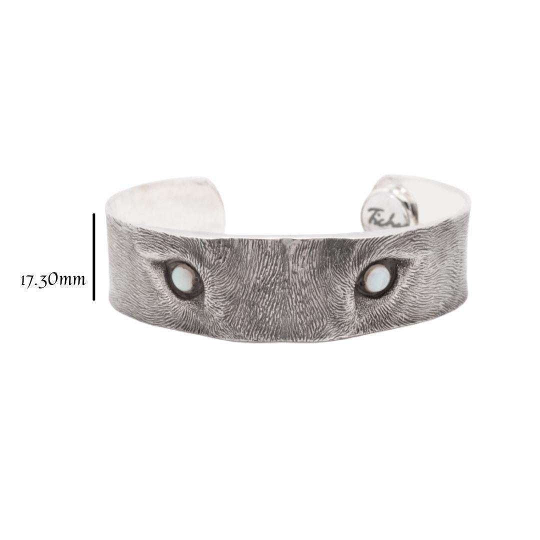 Artisan Tichu Opal Wolf Eye Cuff Sterling Silver and Crystal Quartz Size S For Sale