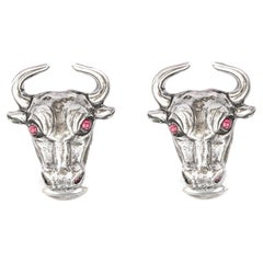 Tichu Ruby and Crystal Bull Face Cufflink in Sterling Silver