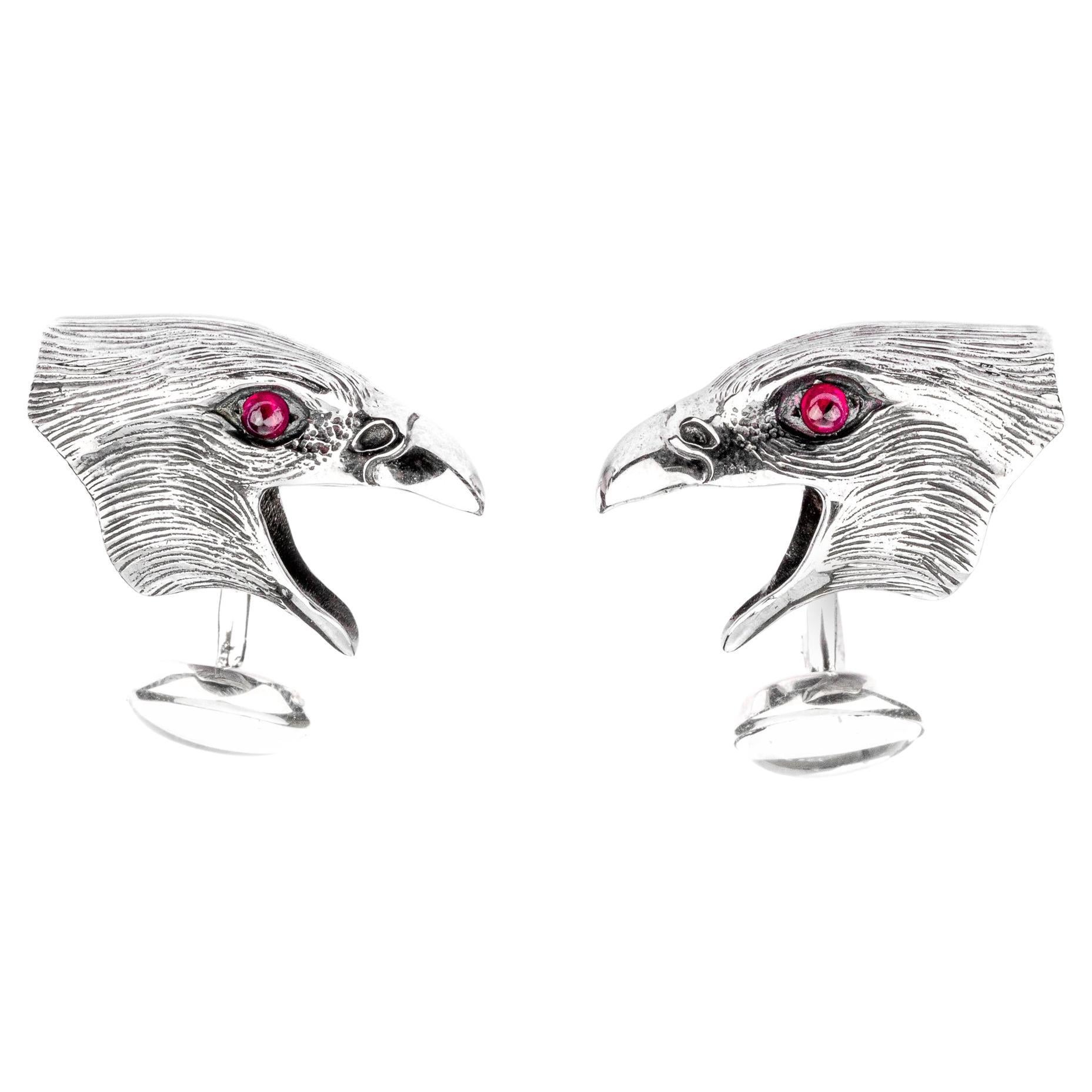 Tichu Ruby and Crystal Quartz Hawk Face Cufflink in Sterling Silver For Sale