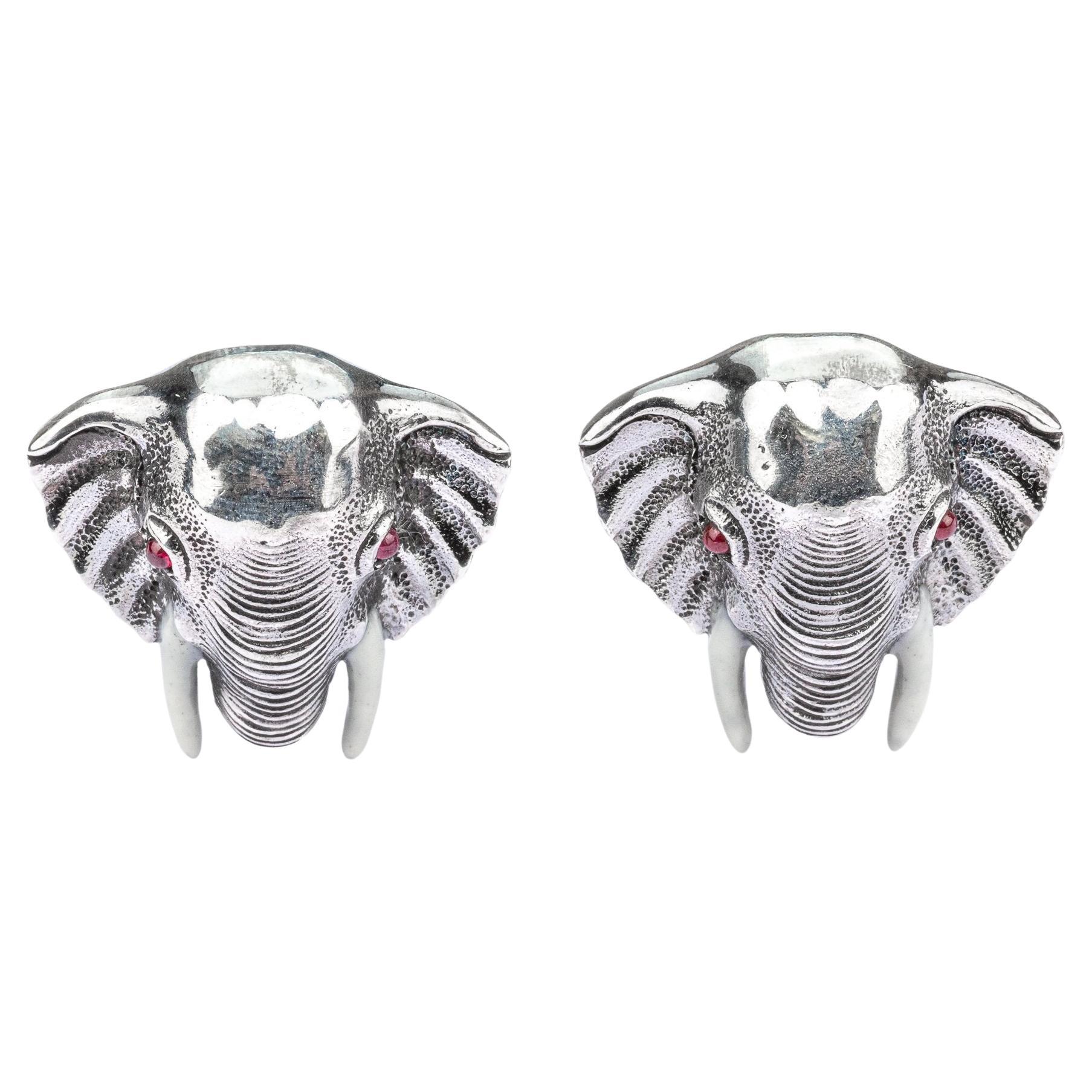 Tichu Ruby and Crystal Quartz Indian Elephant Face Cufflink in Sterling Silver For Sale