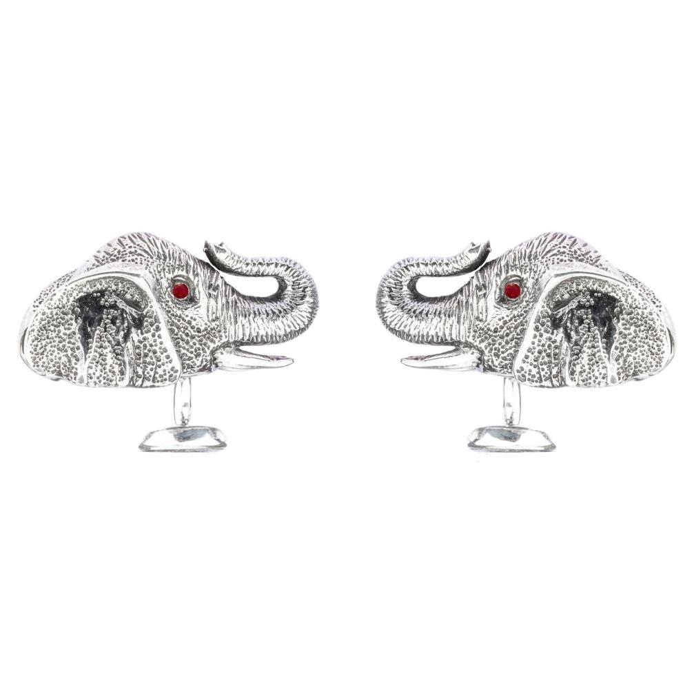 Tichu Boutons de manchette éléphant taillé en argent sterling, rubis et quartz de cristal