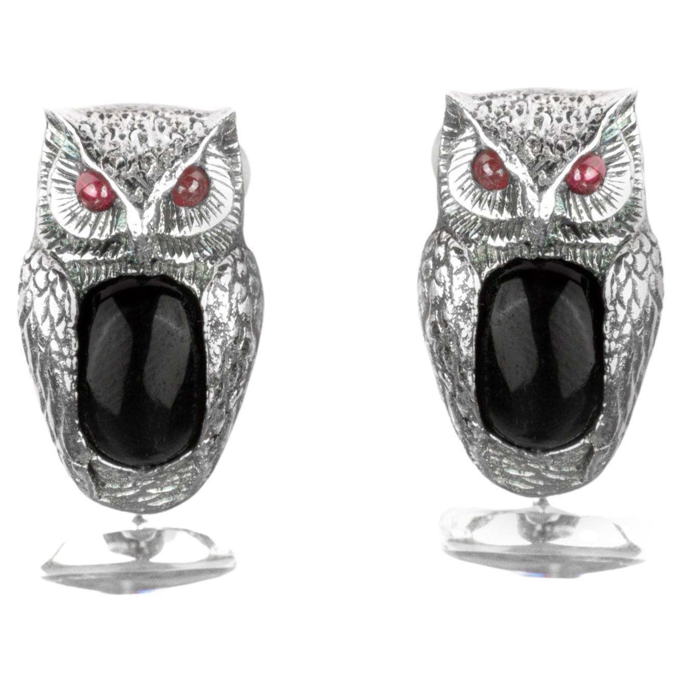 Tichu Ruby, Black Star and Crystal Quartz Owl Cufflink in Sterling Silver For Sale